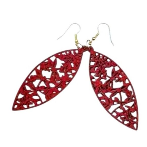 WOOD Cut Out RED Earrings Filagree Unique Artistic LIGHTWEIGHT Dangle Jewelry - Picture 1 of 3